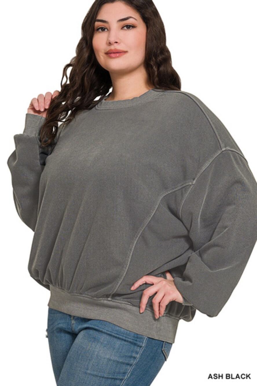 Zenana SWEATSHIRT PULLOVER ASH BLACK Pigment Dyed Oversized Batwing Pullover